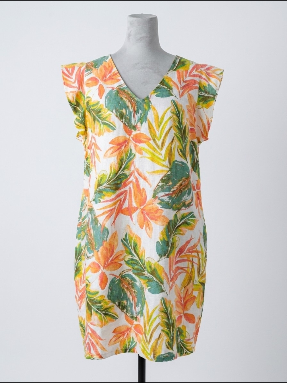 Tropical V-Neck Mini Dress in Green and Orange